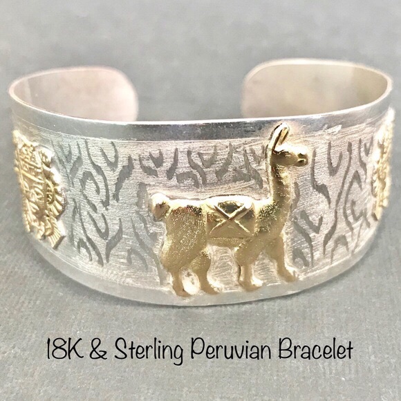 Jewelry - 18K Gold & Sterling Vintage Peruvian Cuff Bracelet